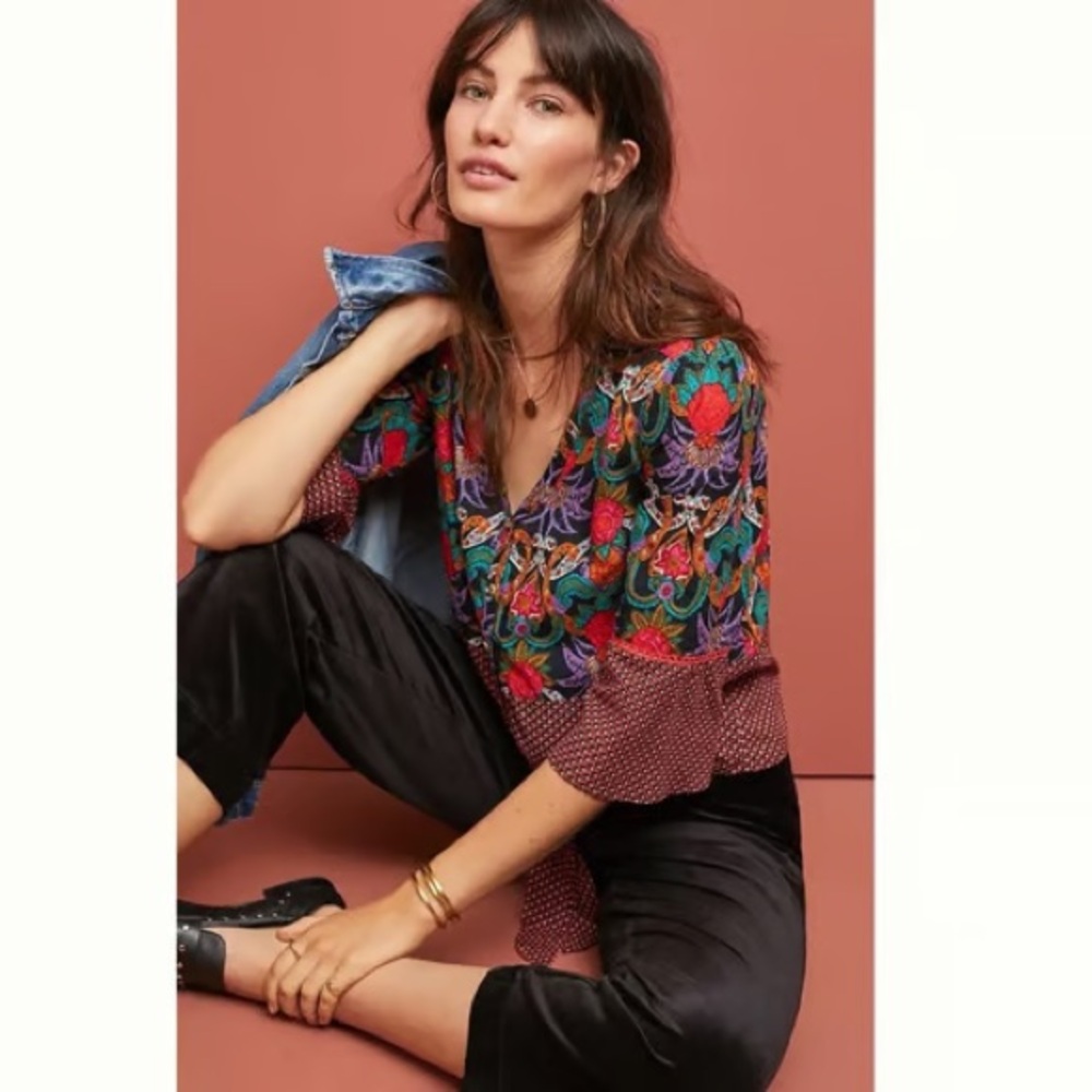 Maeve By Anthro Carter blouse floral patchwork tie front cotage